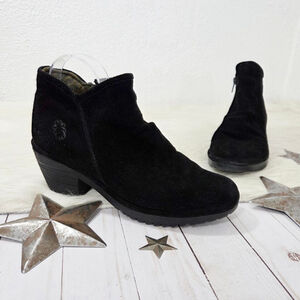 Fly London Wezo black suede ankle boots leather booties women's size 40